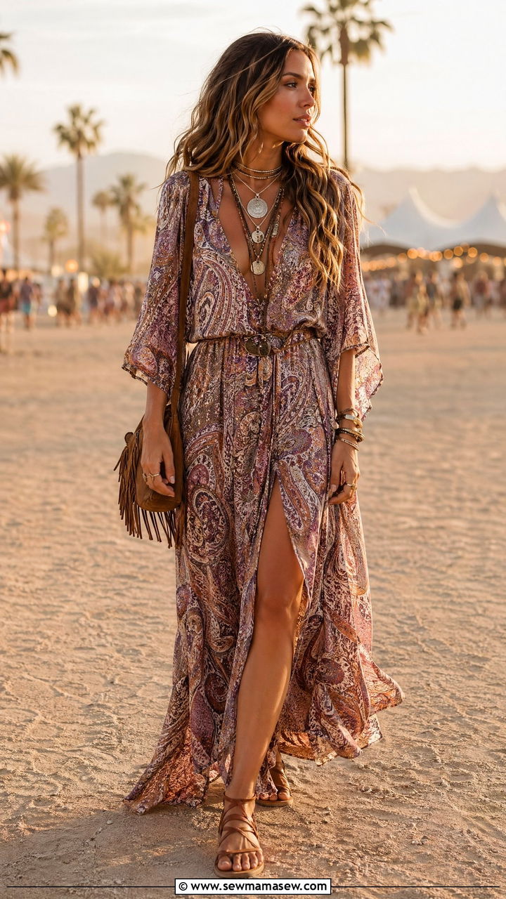 Boho Maxi Dress with Fringe Bag and Flat Sandals - 35 cute music festival outfits