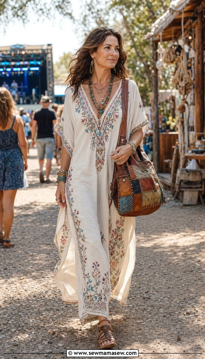 Boho Maxi Dress with Gladiator Sandals and Layered Necklaces - 35 Resort wear outfit ideas for women over 40