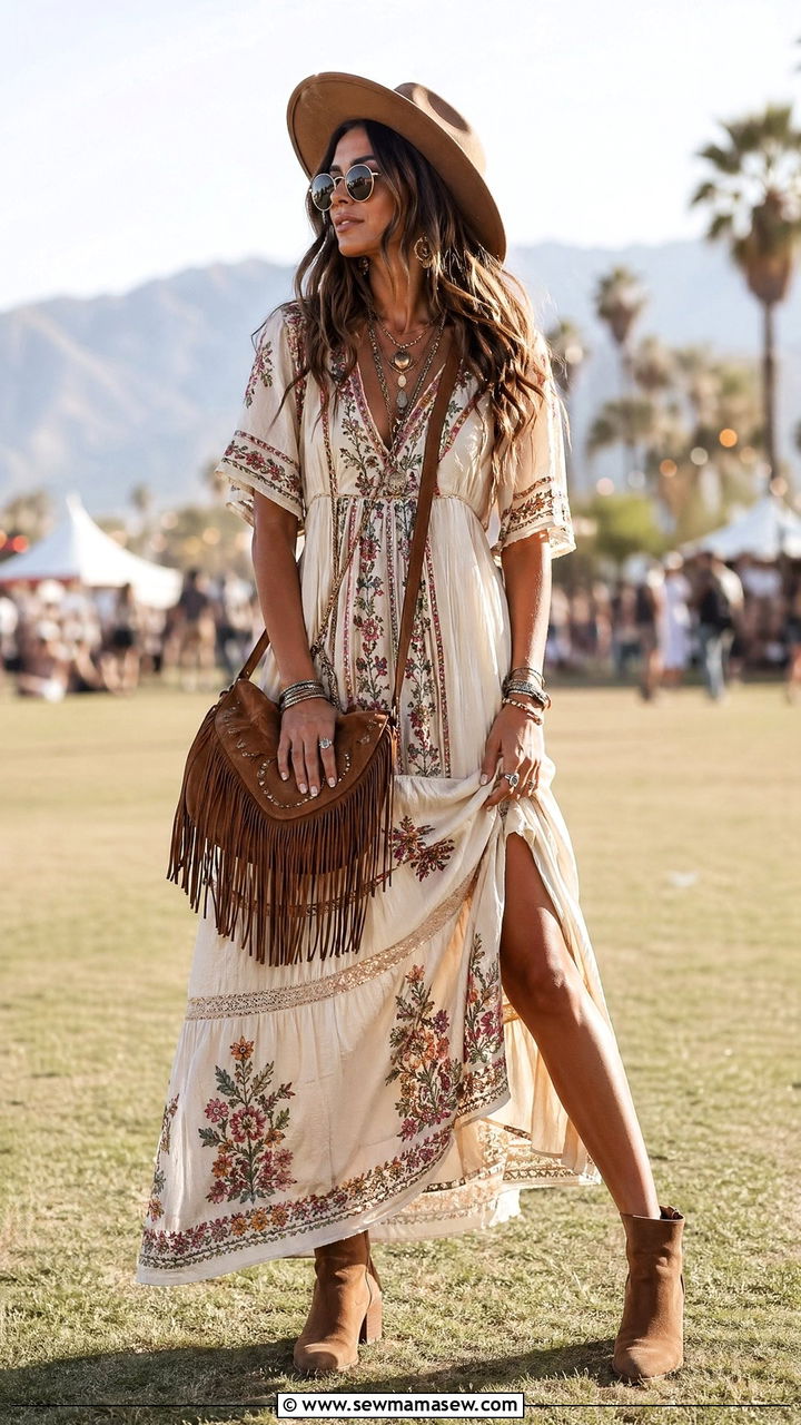 Boho Maxi Dress with Suede Ankle Boots and a Fedora - 35 Summer outfits with maxi dresses