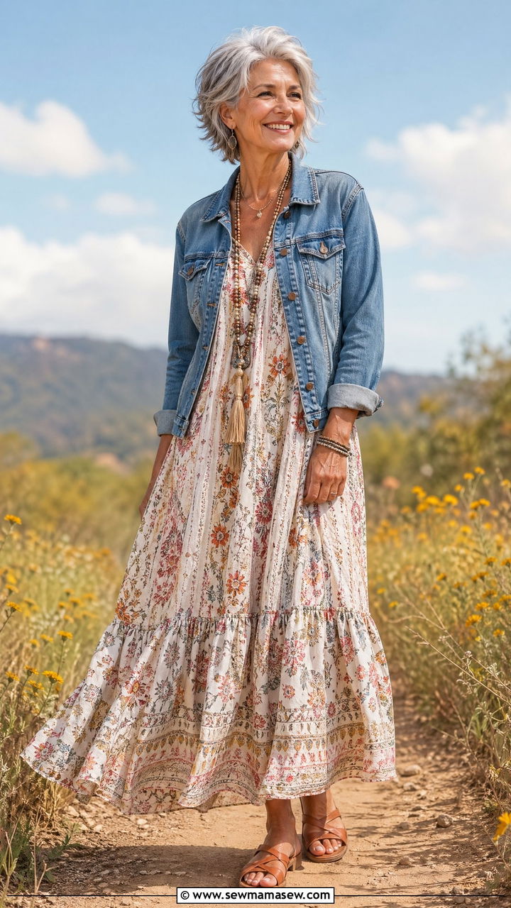 Boho Maxi Dress with a Cropped Denim Jacket - 35 Casual outfits for women over 60