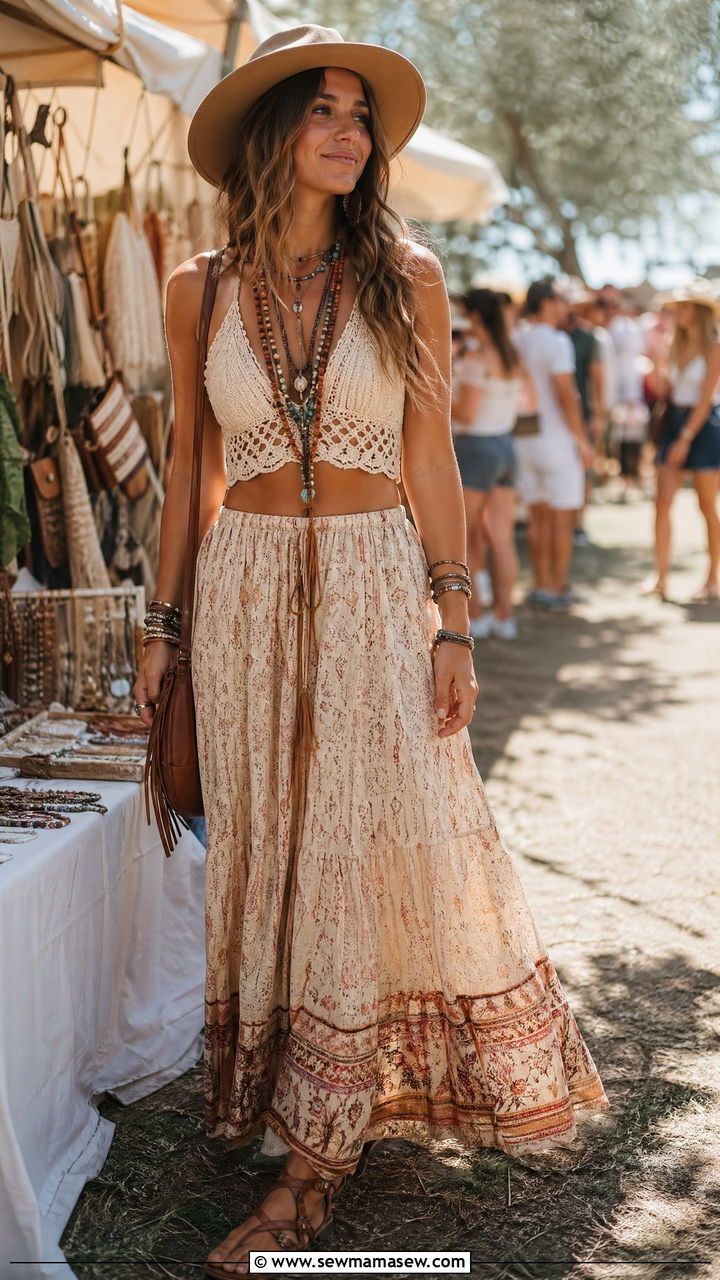 Boho Maxi Skirt With Crochet Crop Top And Flat Sandals - 35 Summer fashion ideas