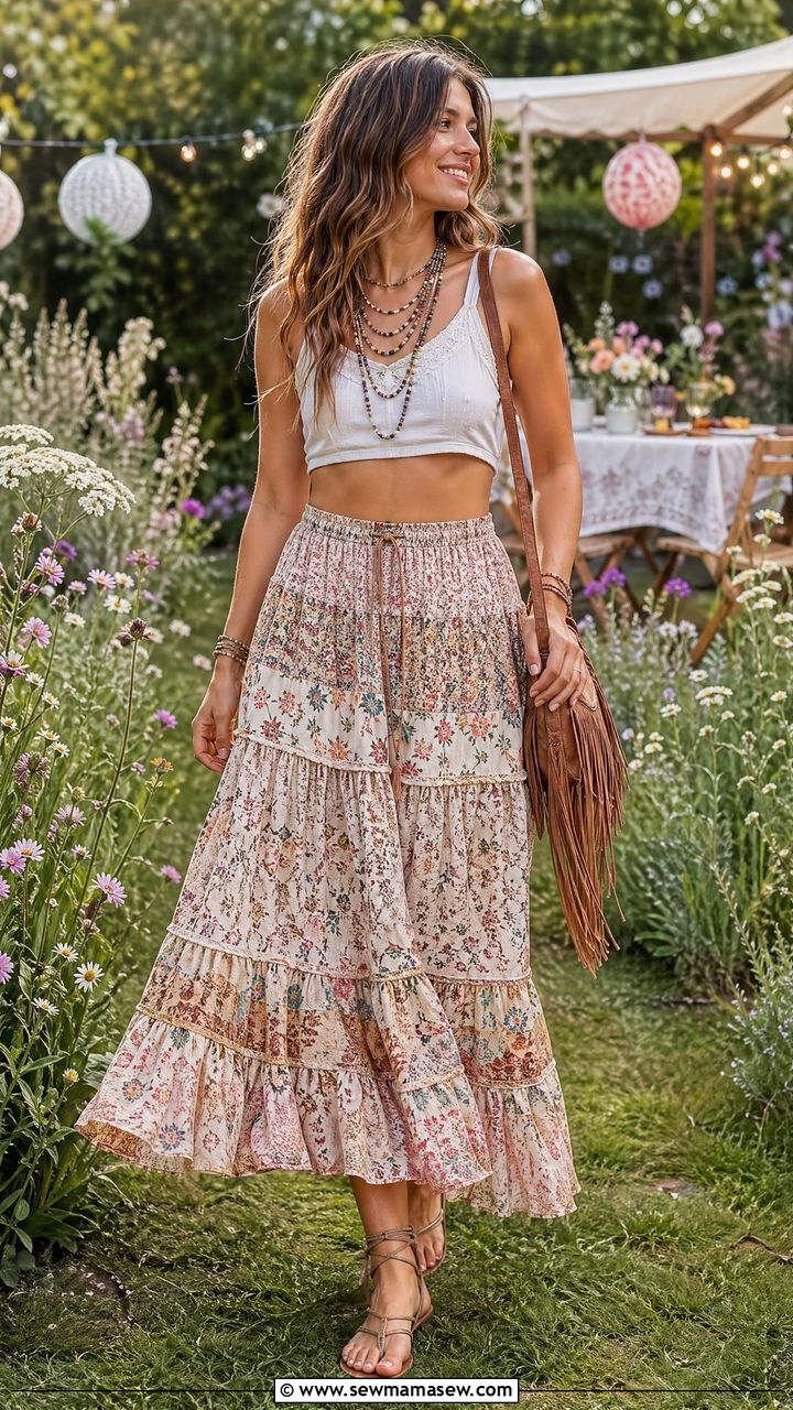 Boho Maxi Skirt and Crop Top With Flat Sandals - 35 summer garden party outfit ideas