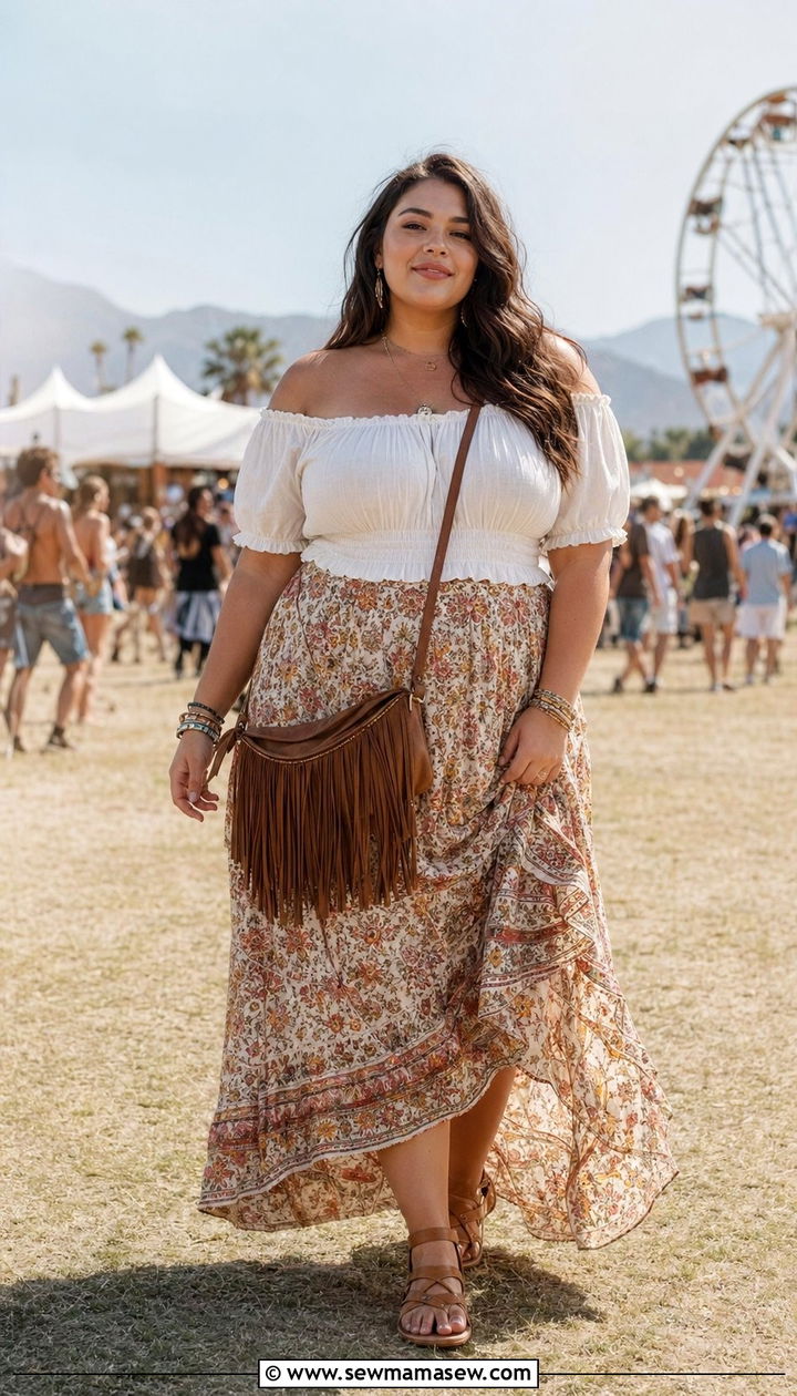 Boho Maxi Skirt and Off Shoulder Top - 35 Plus size outfit ideas size 22