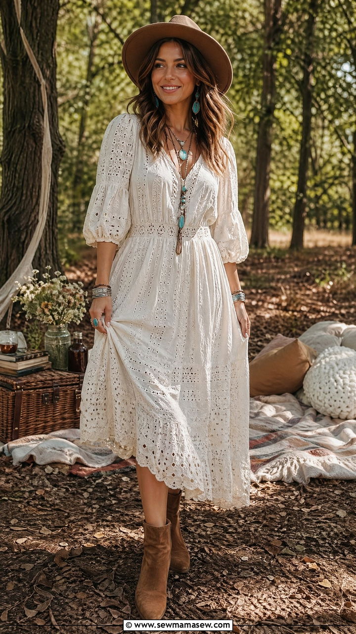 Boho Peasant Dress And Suede Ankle Boots - 35 Summer picnic outfits