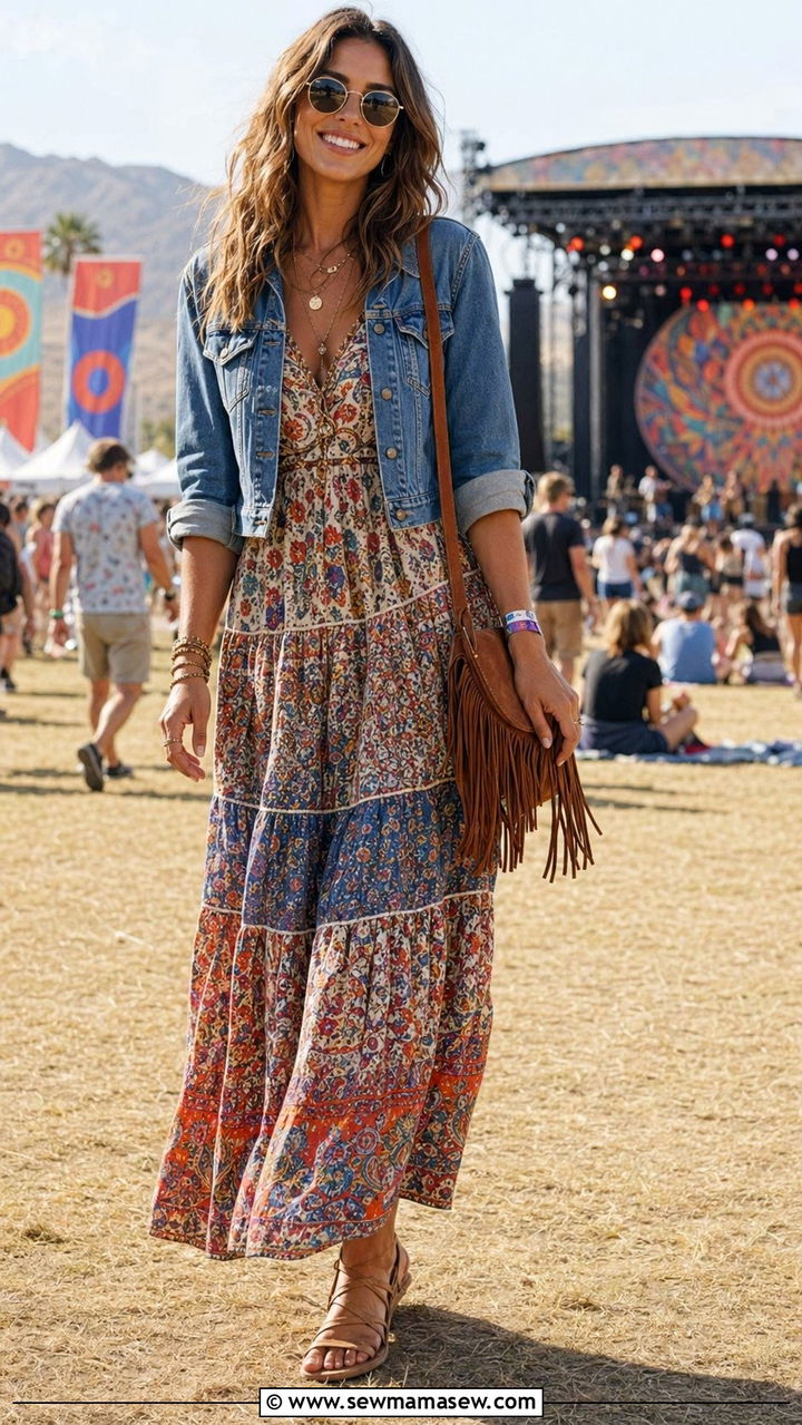Boho Printed Maxi Dress with Cropped Denim Jacket - 35 Outfit ideas for tall women