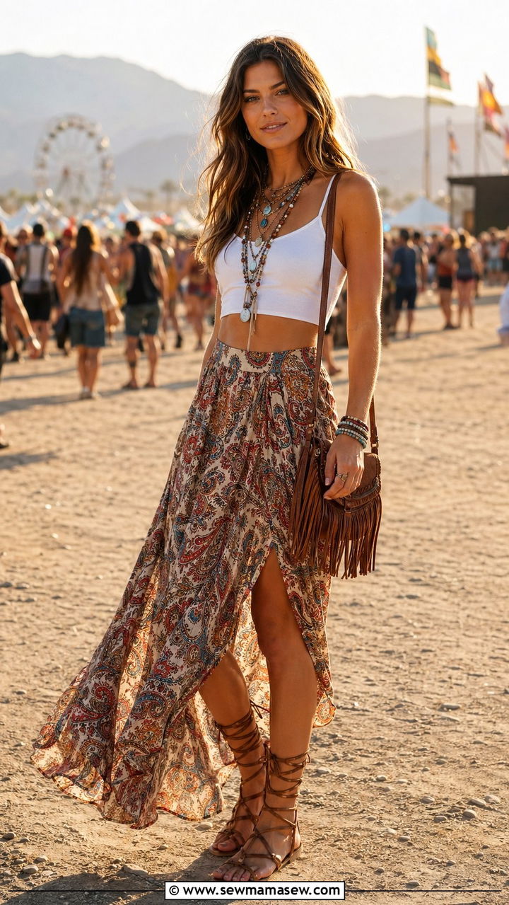 Boho Printed Maxi Skirt with Fitted Crop Top - 30 What to wear to a summer festival