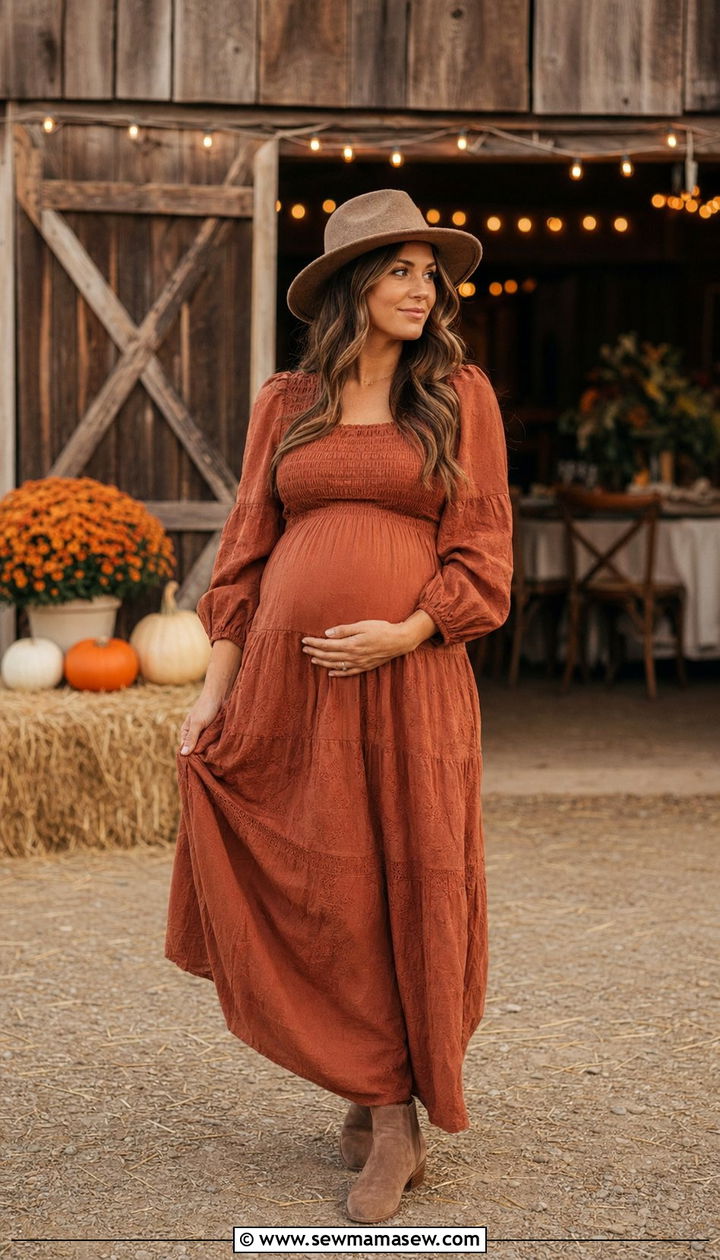Boho Smocked Maxi Dress with Suede Ankle Boots - 30 Baby shower outfits for mom to be