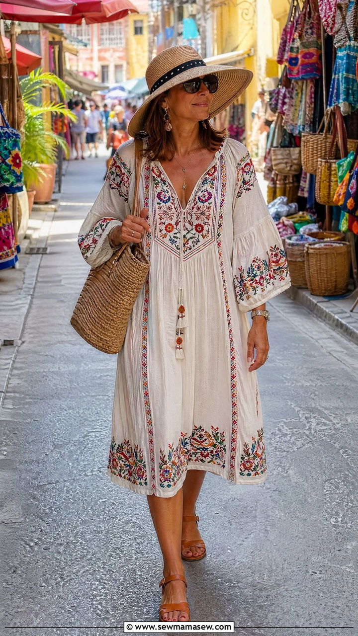 Boho Sundress With Flat Sandals And Straw Hat Cruise Outfit - 35 cruise outfits for women over 40