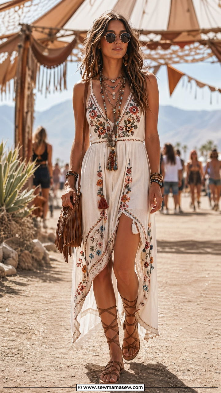 Boho Sundress With Gladiator Sandals And Fringe Bag - 35 Summer outfits with sundresses