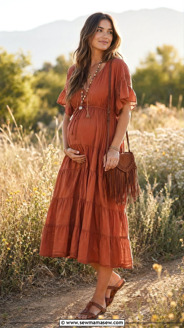 Boho Tiered Midi Dress For Baby Shower - 30 baby shower outfit ideas for women