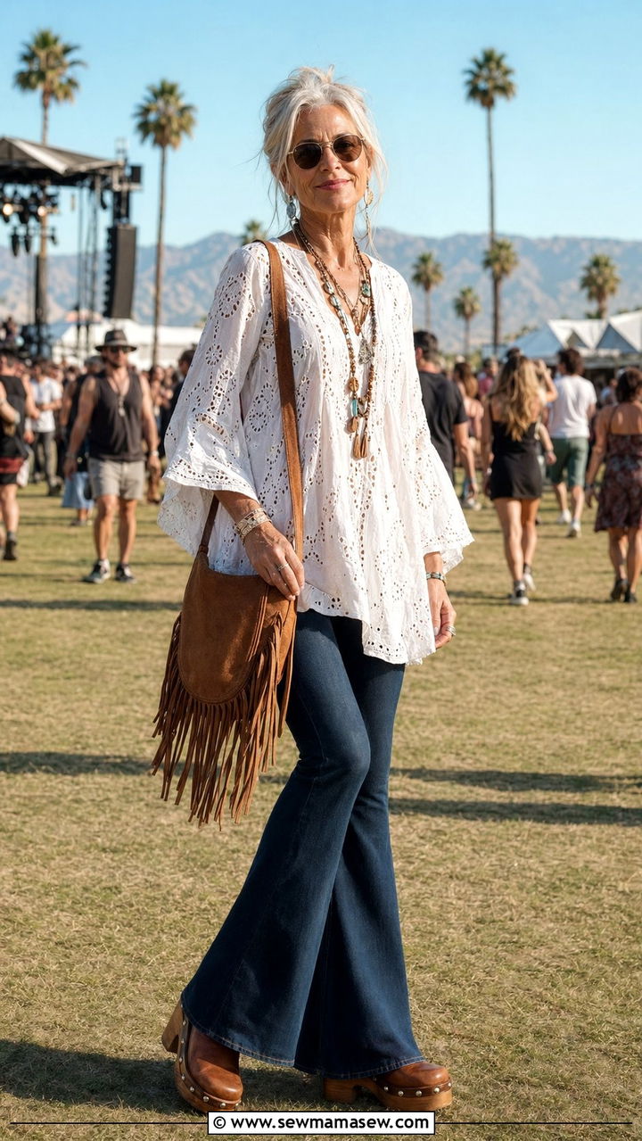 Boho Tunic And Flared Jeans Aging Gracefully Outfit - 30 Aging gracefully outfit ideas