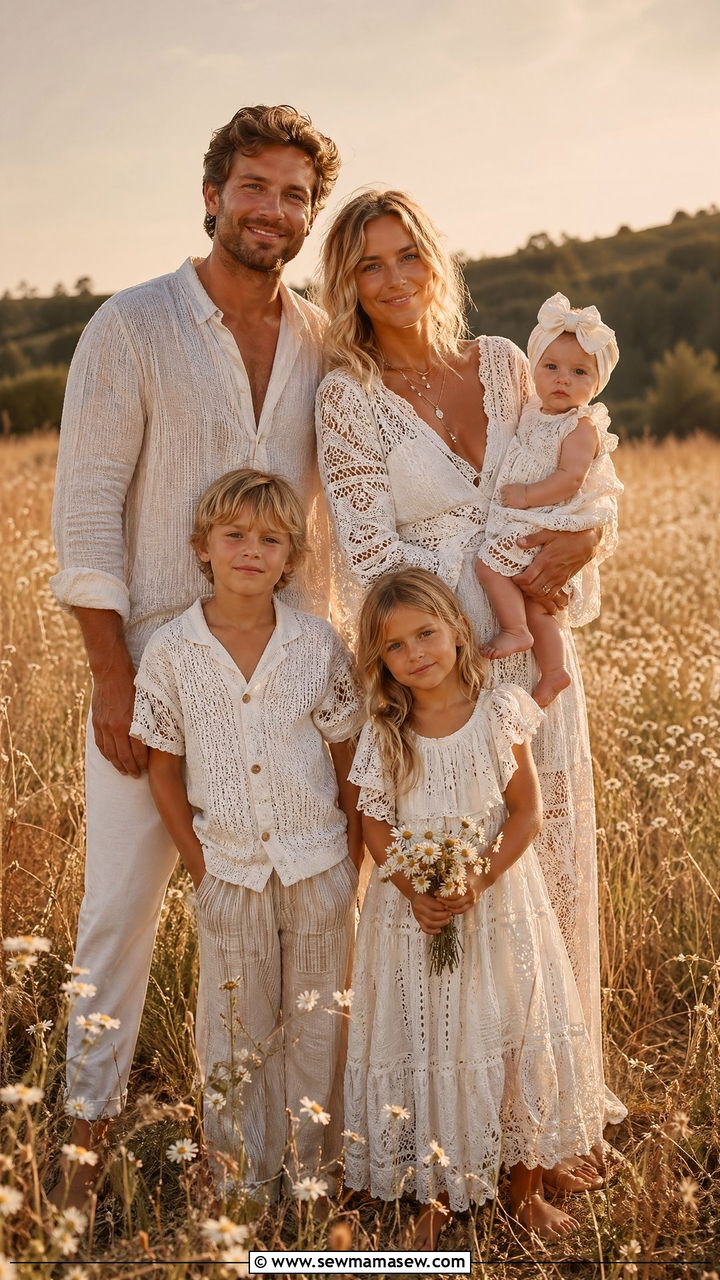 Boho White Textured Outfits for Field Family Photos - 35 summer family photo outfit ideas