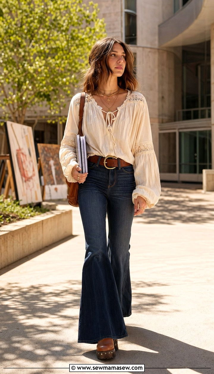 Boho blouse with flared jeans - 35 school outfit ideas for women