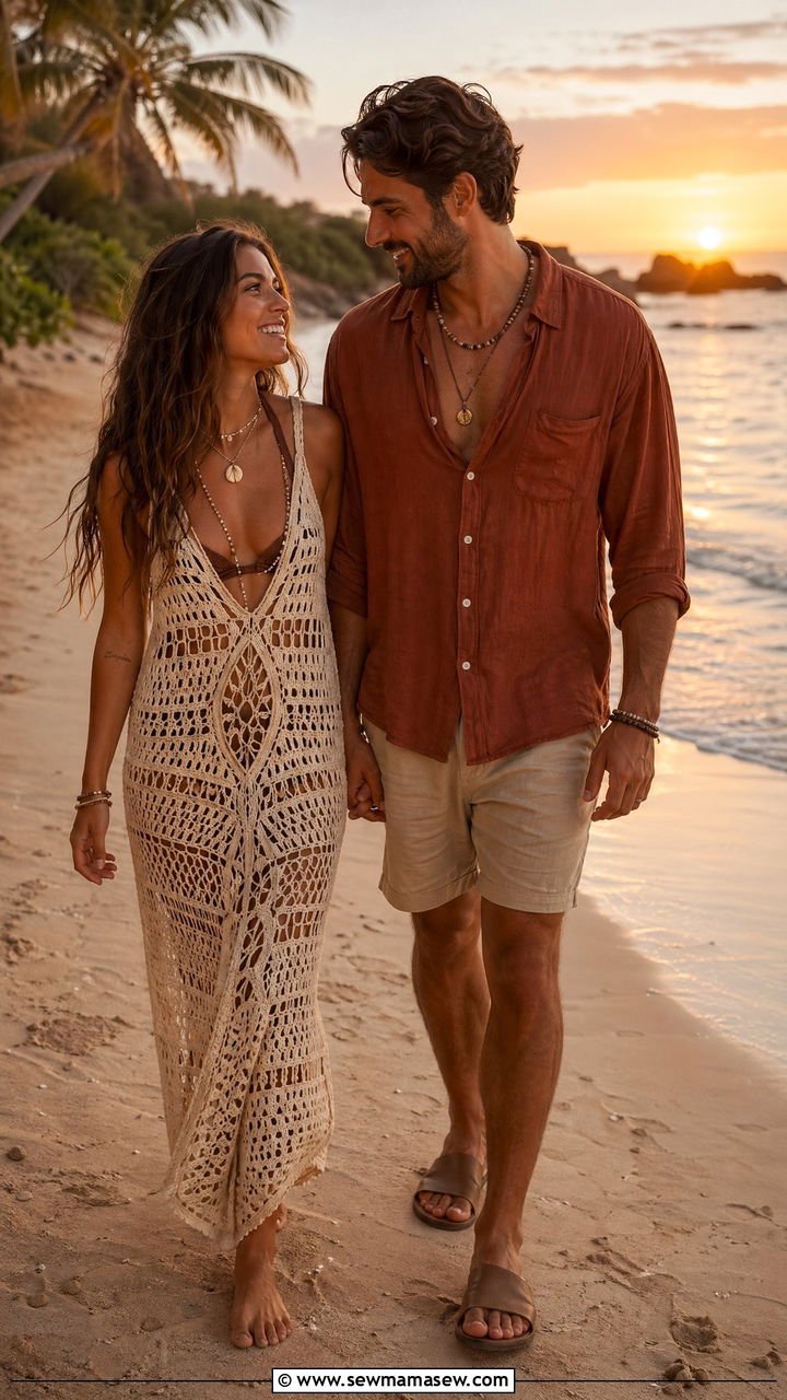 Boho crochet and linen beach to dinner look - 35 Summer matching outfits for couples