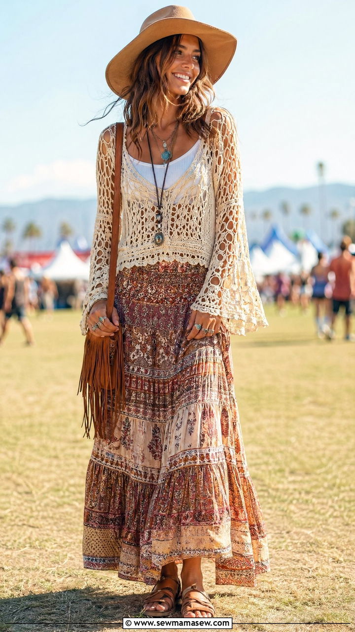 Boho crochet sweater with maxi skirt outfit - 35 Summer outfits with sweaters