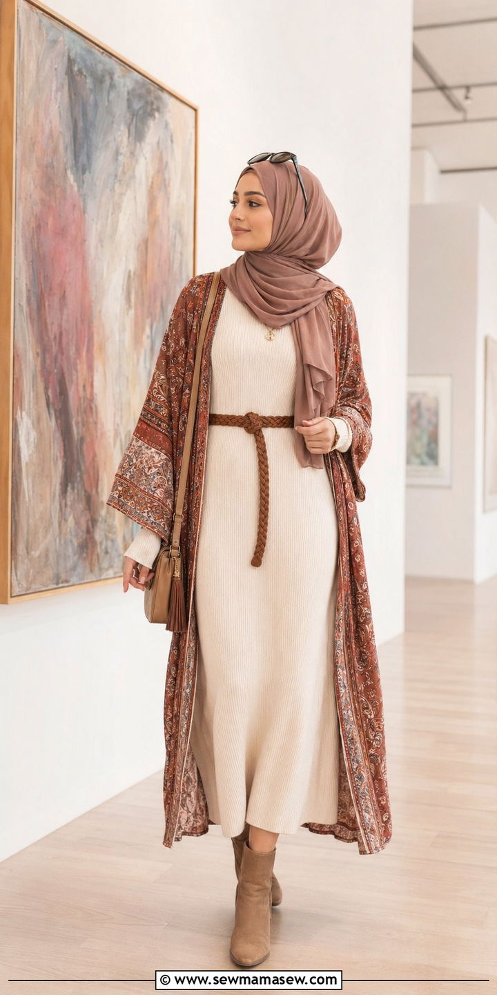 Boho kimono with long sleeve midi dress - 35 Modest outfit ideas for hijabis