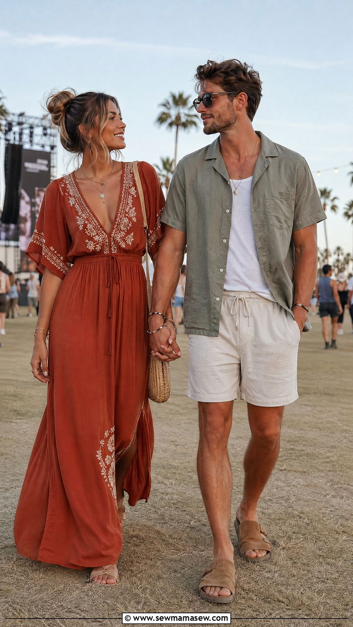Boho maxi dress and linen camp shirt ensemble - 35 Summer matching outfits for couples