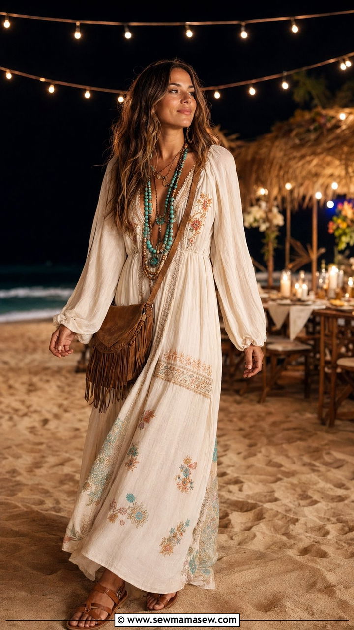 Boho maxi dress for a beach dinner - 30 Beach outfit ideas for dinner