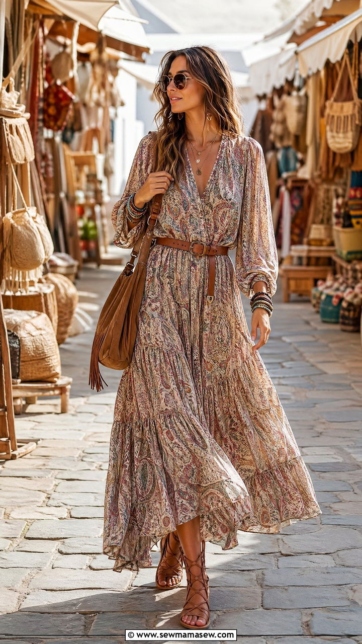 Boho maxi dress with layered accessories - 35 Trendy summer outfits