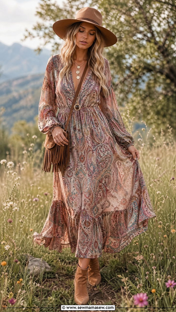 Boho maxi dress with suede ankle boots - 35 Western spring outfits