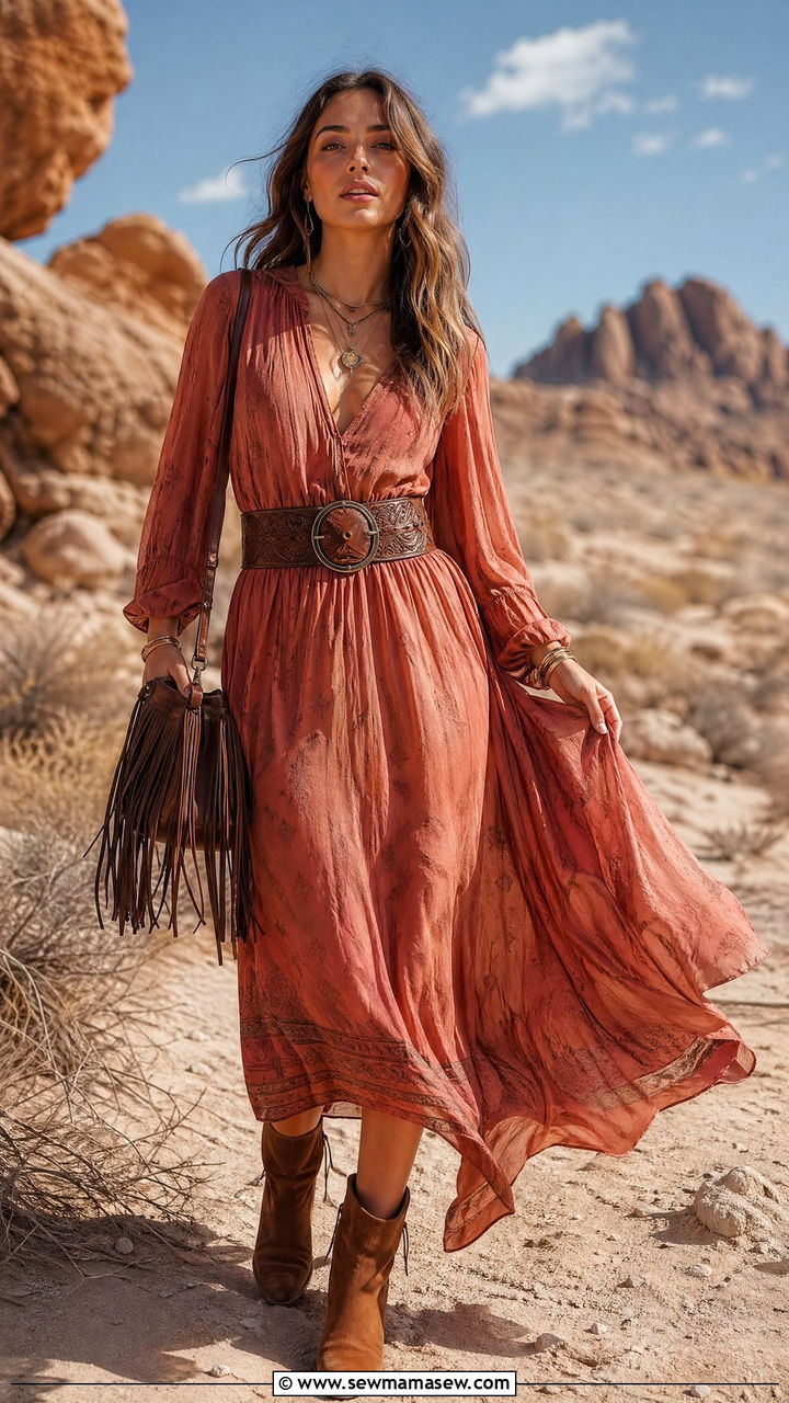Boho maxi dress with tooled leather belt - 35 Country outfit ideas