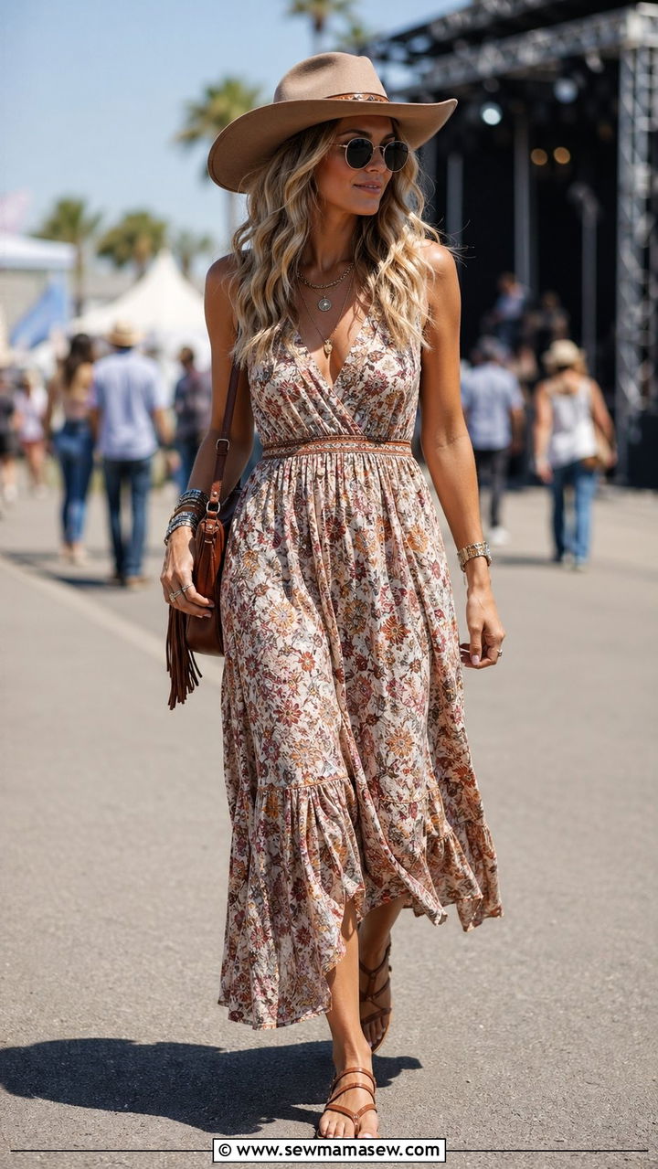 Boho maxi dress with western hat - 30 what to wear to a country concert