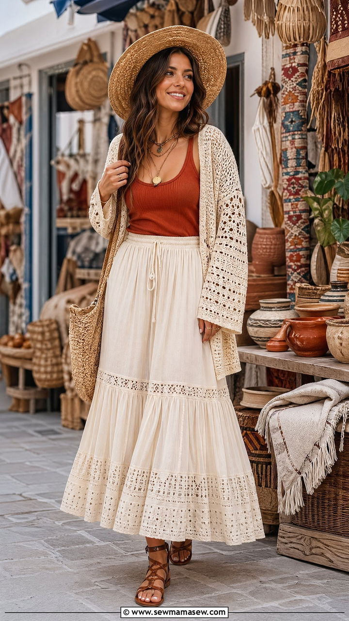 Boho maxi skirt and sandals outfit - 35 shopping outfit ideas for women