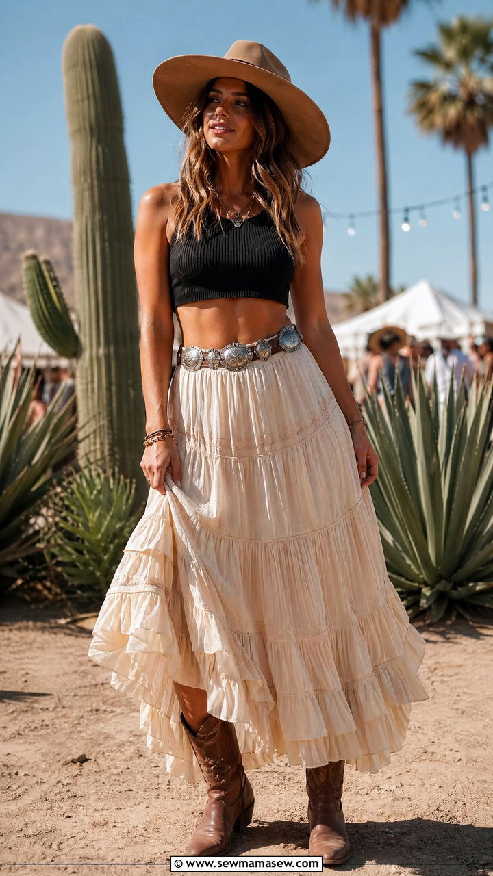Boho maxi skirt with black crop top - 35 Stagecoach outfit ideas