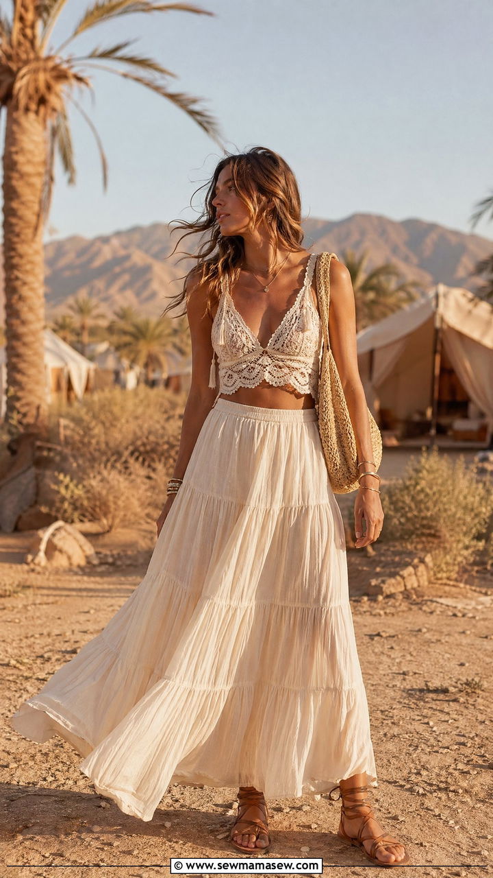 Boho maxi skirt with lace crop top and sandals - 35 Coachella outfits ideas