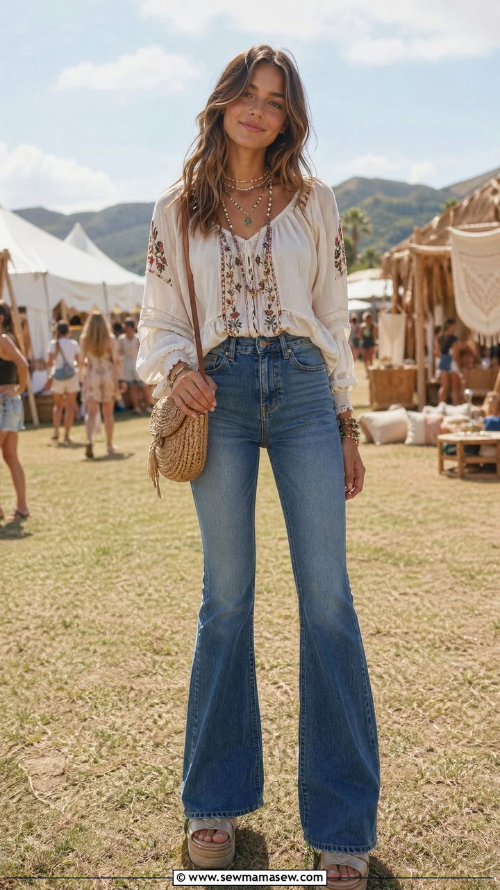 Boho peasant blouse with flared jeans and platform sandals - 35 Spring outfits for teenage girls