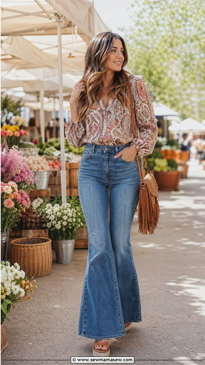 Boho printed peasant blouse with high waist flare jeans spring farmers market outfit - 35 spring farmers market outfit ideas