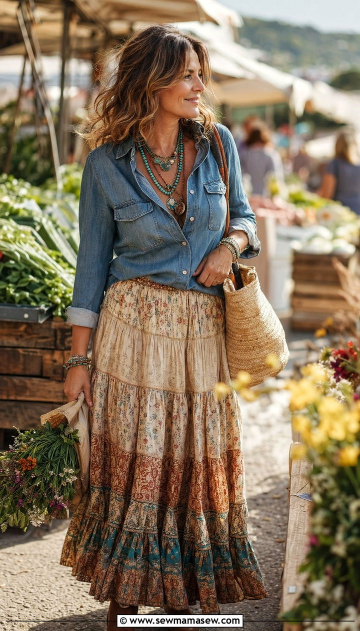 Boho tiered skirt with chambray top and layered turquoise jewelry - 30 Western outfit ideas for women over 40