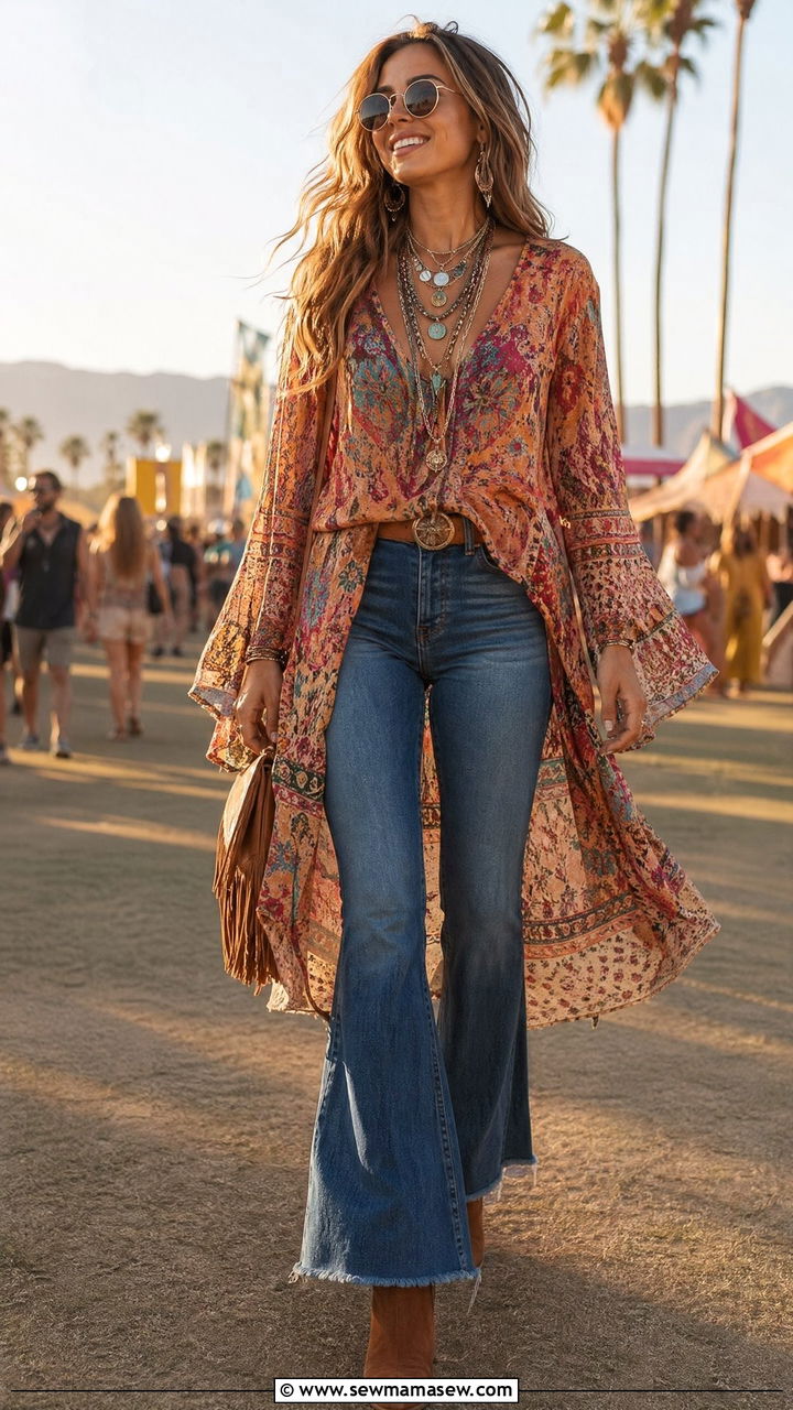 Boho tunic with flared jeans and layered jewelry - 35 Tunic outfit ideas