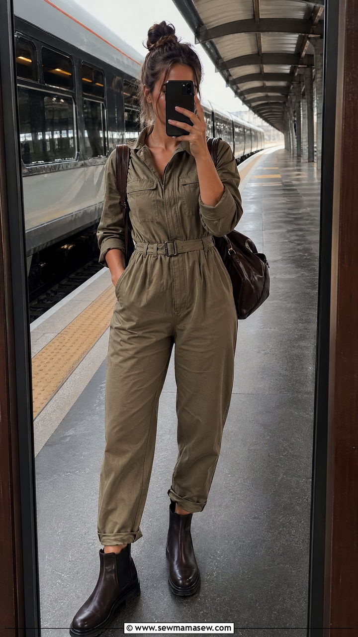 Boiler Suit with Belt and Ankle Boots - 35 travel outfit ideas for women