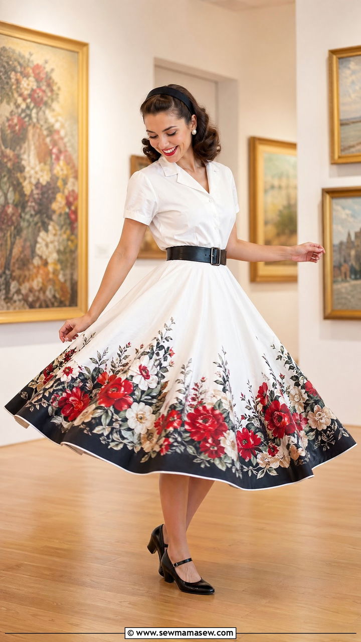 Bold Border Print Skirt with White Blouse - 35 Vintage 50s outfit ideas