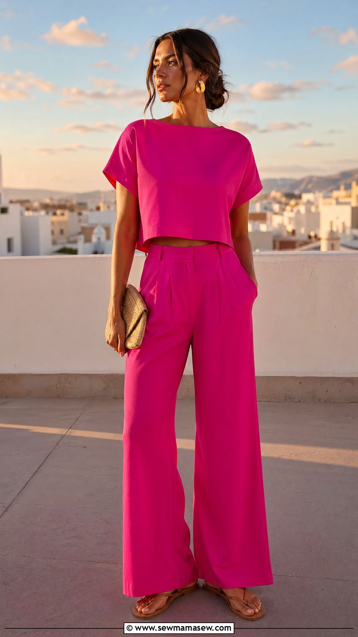 Bold Color Matching Two Piece Set With Neutral Sandals Summer Outfit - 35 Summer outfit essentials 2026