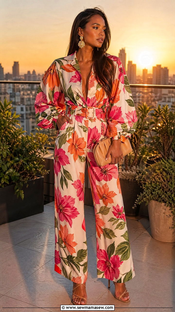 Bold Floral Jumpsuit with Heeled Sandals - 35 cute outfit ideas for women