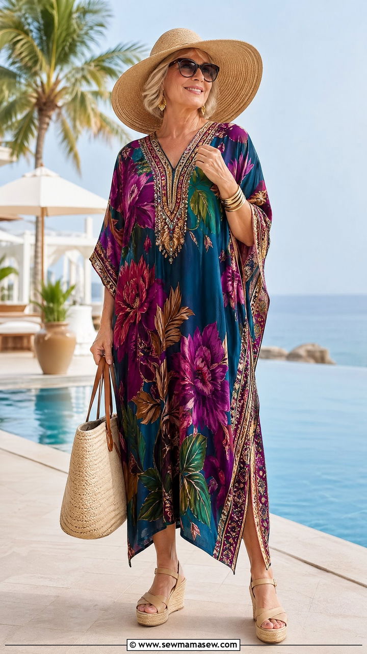 Bold Floral Kaftan with Wide Brim Hat and Wedges - 35 Vacation outfit ideas for women over 50