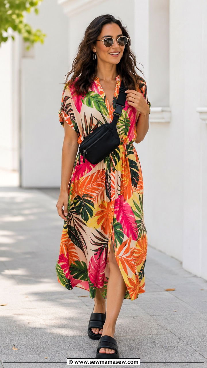Bold Print Midi Dress With Chunky Slides - 30 spring midi dress outfit ideas