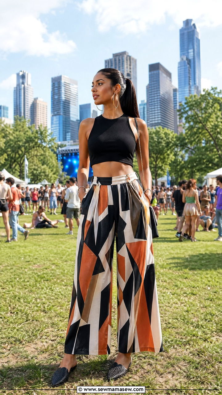Bold Print Pants with Solid Crop Top and Mules - 35 cute music festival outfits