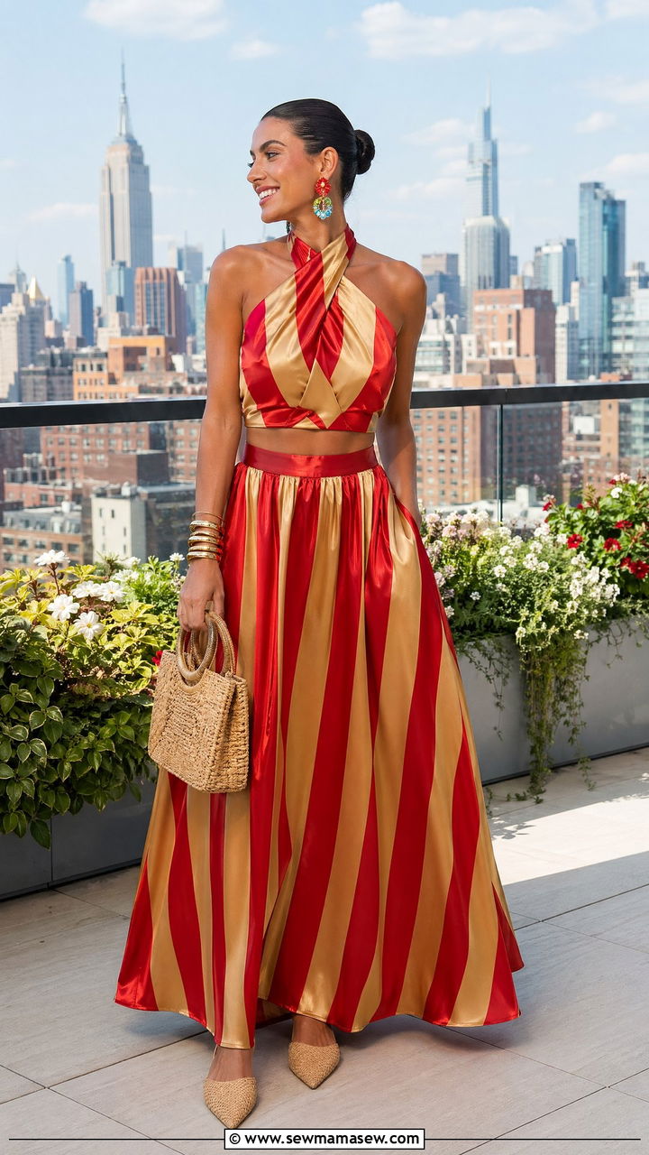 Bold Striped Satin Two Piece Set with Colorful Accessories - 35 chic wedding guest outfits for women