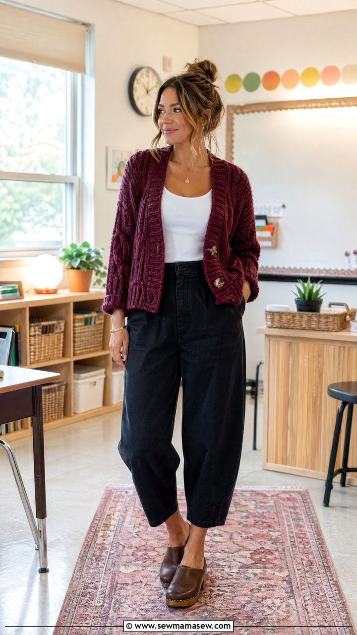 Bold Textured Cardigan With Cropped Pants and Simple Tank - 35 teacher outfits for women