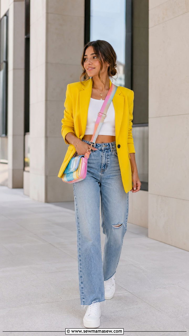 Bold blazer crop top and jeans outfit - 35 spring comfy outfit ideas