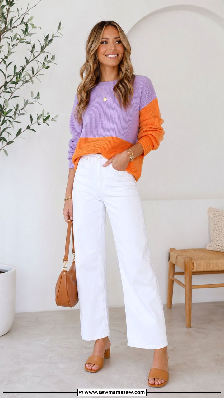 Bold color block sweater with white wide leg jeans and mules - 35 Spring outfit ideas 2026