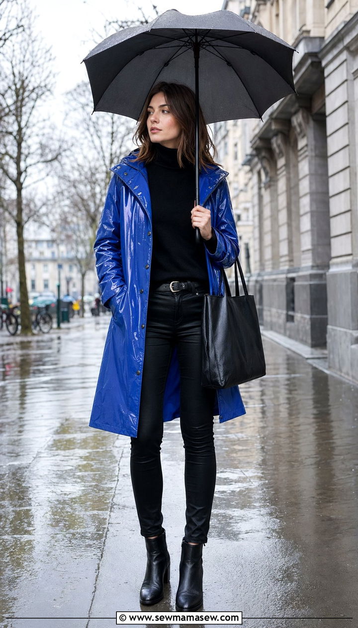 Bold colored raincoat with all black outfit - 35 rainy day outfits for women