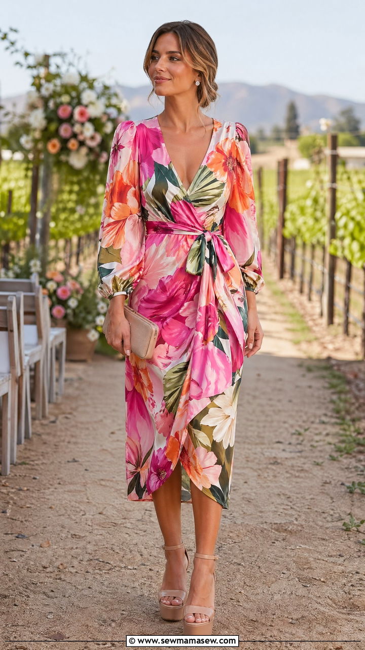Bold floral print wrap dress with nude platform heels wedding guest outfit - 35 Spring 2026 wedding guest outfit ideas