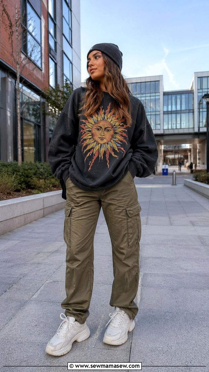 Bold graphic sweatshirt and cargo pants outfit - 30 Spring capsule wardrobe for college