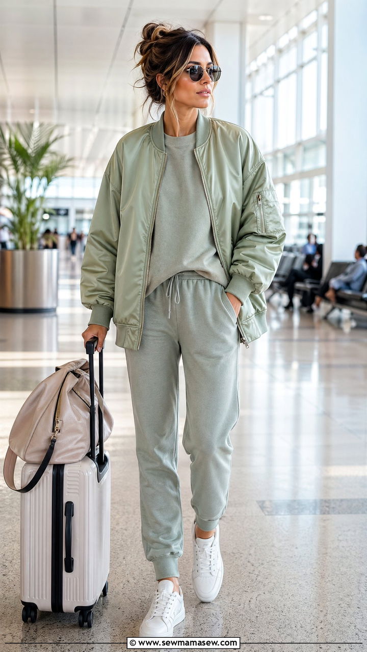 Bomber Jacket Over a Matching Sweatsuit - 35 spring airport outfit ideas