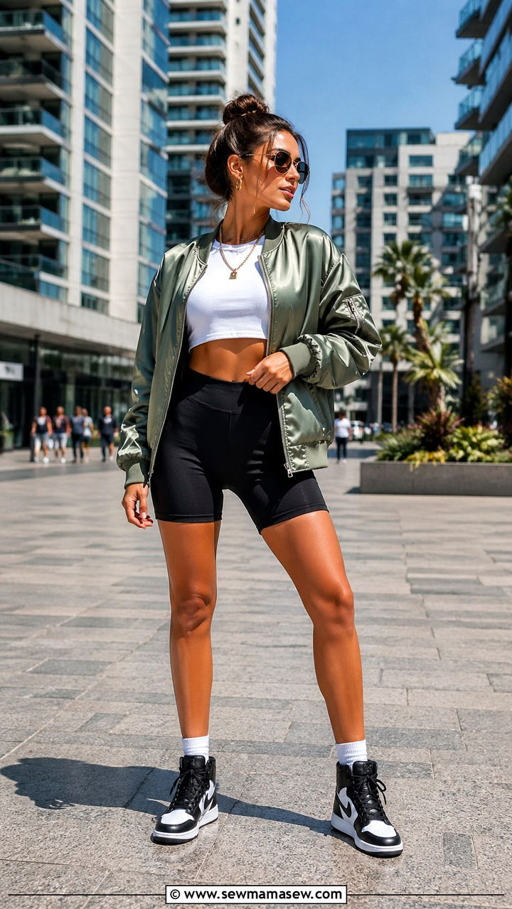 Bomber Jacket With Biker Shorts and High Top Sneakers - 30 sneaker outfits for women