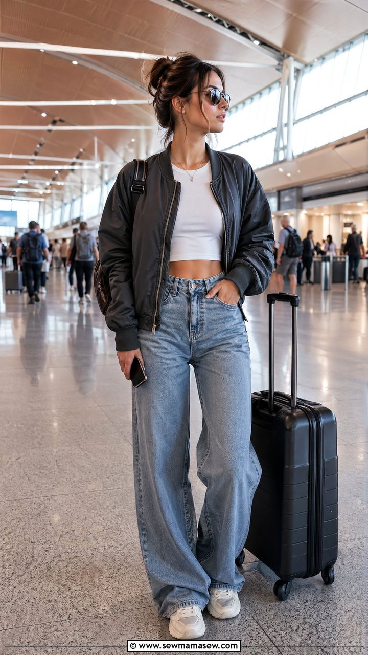 Bomber Jacket With Cropped Tee And Wide Leg Jeans - 40 airport outfits